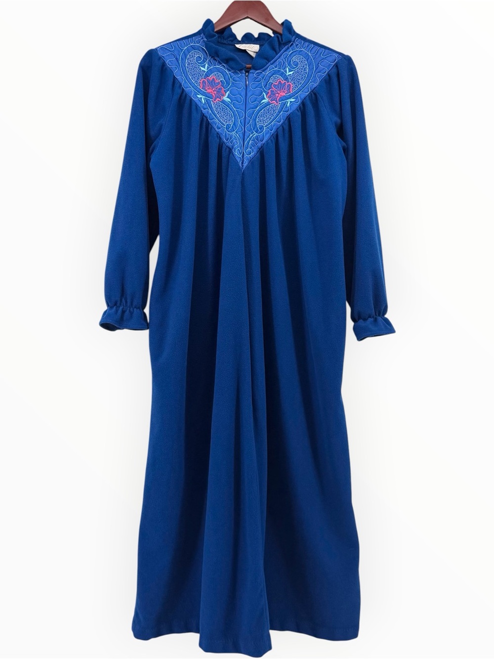 Vintage M L Cachet Royal Blue Fleece Zipper Robe Embroidered Floral Maxi Grandma